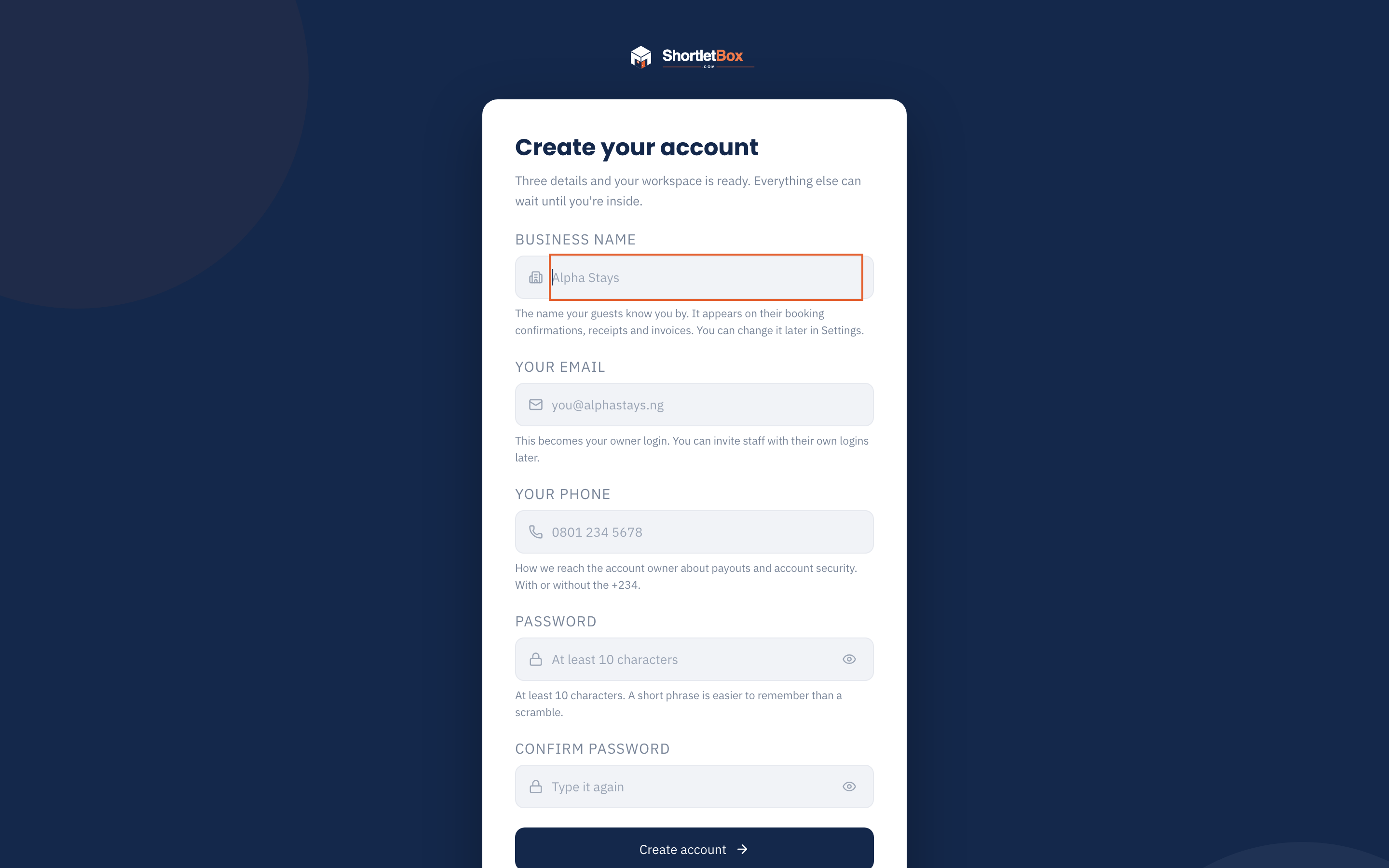 Sign up screen